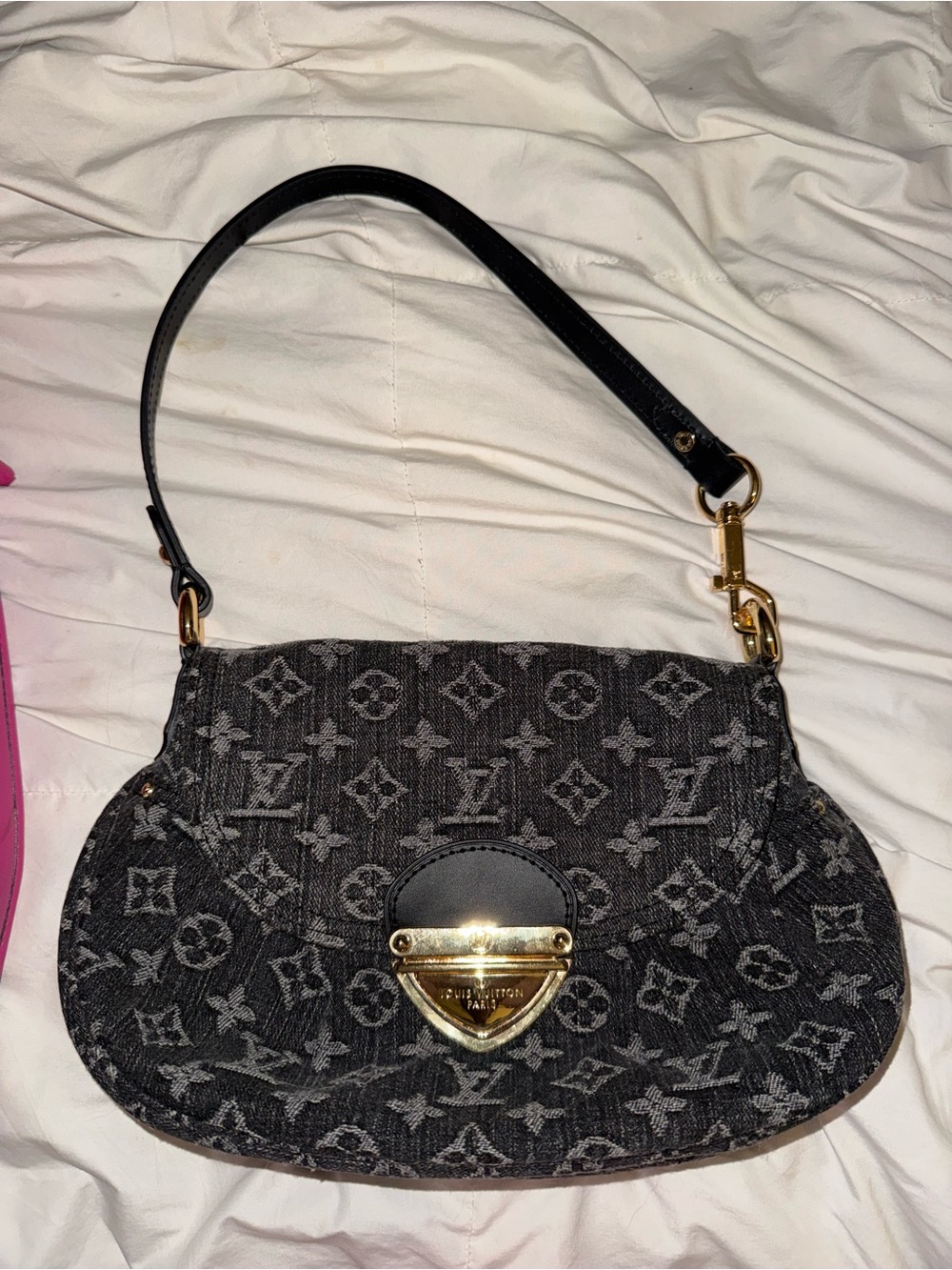 Monogram Denim Shoulder Bag in Black with Gold Hardware